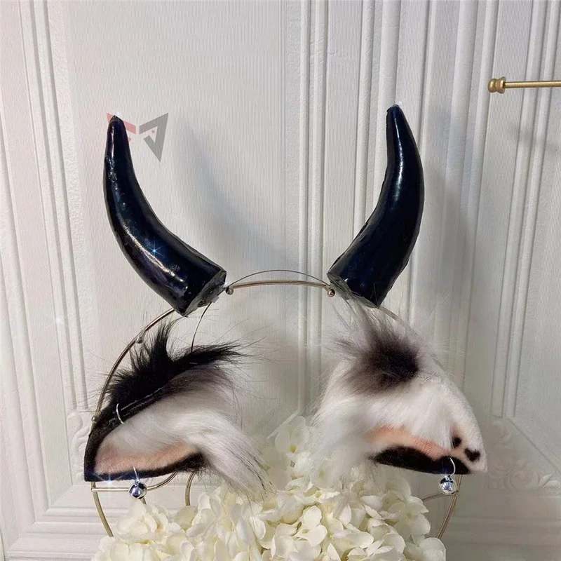 MMGG New Dairy Cow Ox Ears Horns Hairhoop Beast Fox Style Headwear Tail Necklace Of Carnaval Cosplay Costume Accessories