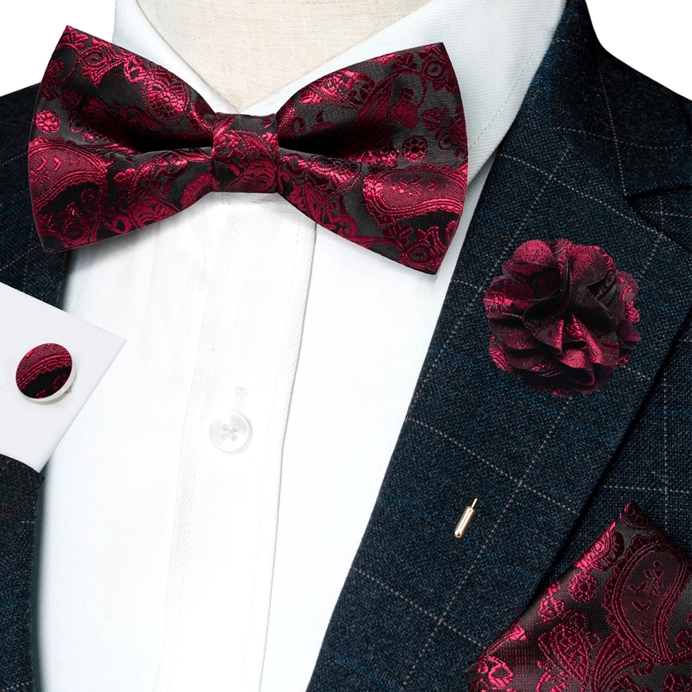Champagner-Seiden-Jacquard-Paisley-Fliege für Herren, Brosche, Einstecktuch, Manschettenknöpfe-Set, vorgebundene Fliege mit Schmetterlingsknoten für Männer, Hochzeit, Geschäft – Detail 16