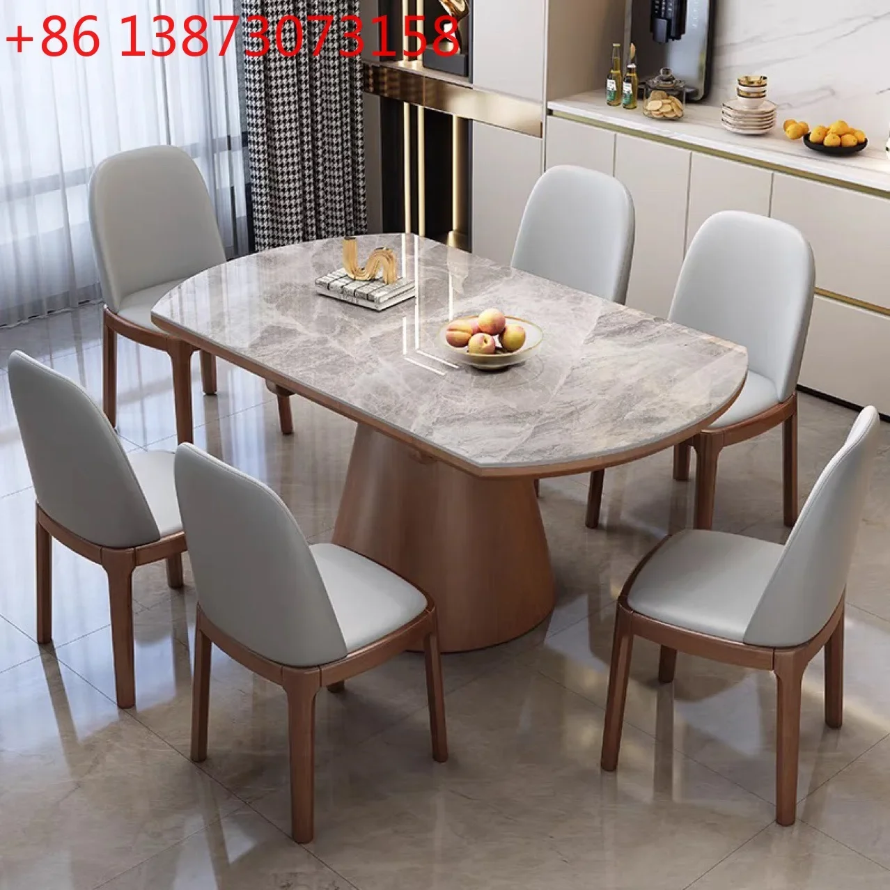 Rock slab dining table and chair combination foldable into round solid wood household small apartment telescopic simple round di