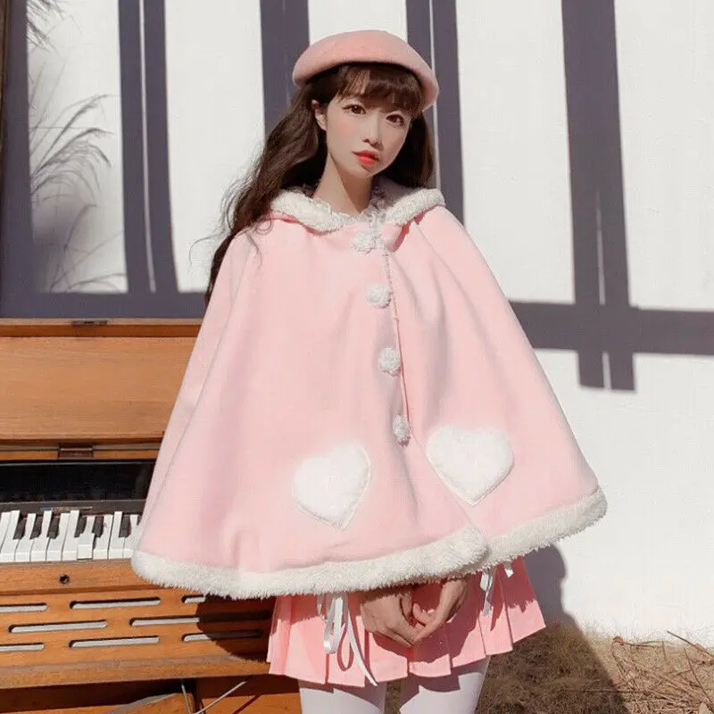 Women Cute Kawaii Lolita Cloak Sherpa Fleeced Cape Warm Poncho Hoodie Coat Japanese Girl Plus Velvet Thick Outwear Cloak Shawl