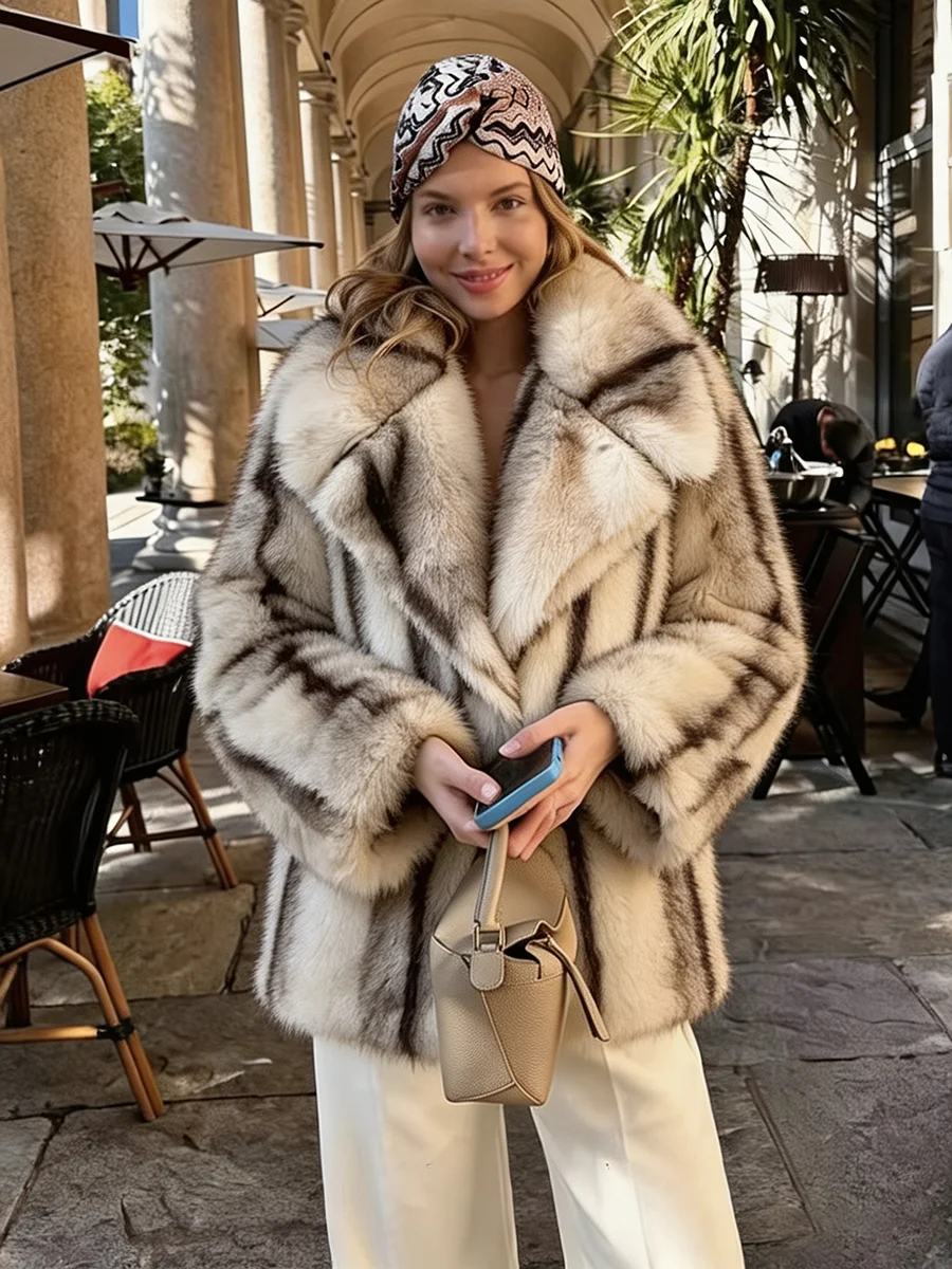 Women Winter Faux Fur Coat 2026 Warm Fluffy Brown Long Lapel Open Front Jacket