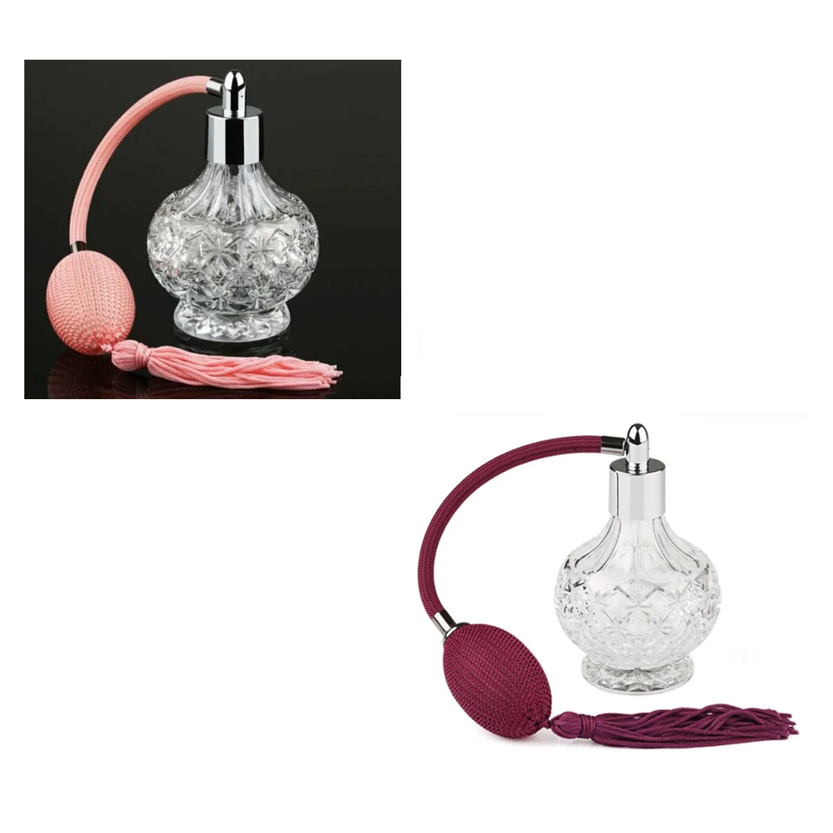 1pc Decoration Etched Glass Bottle 80ml K9 Crystal Perfume Jar Star Pattern Spray Refill Long Tube Balloon Air-Bag Purple/Pink