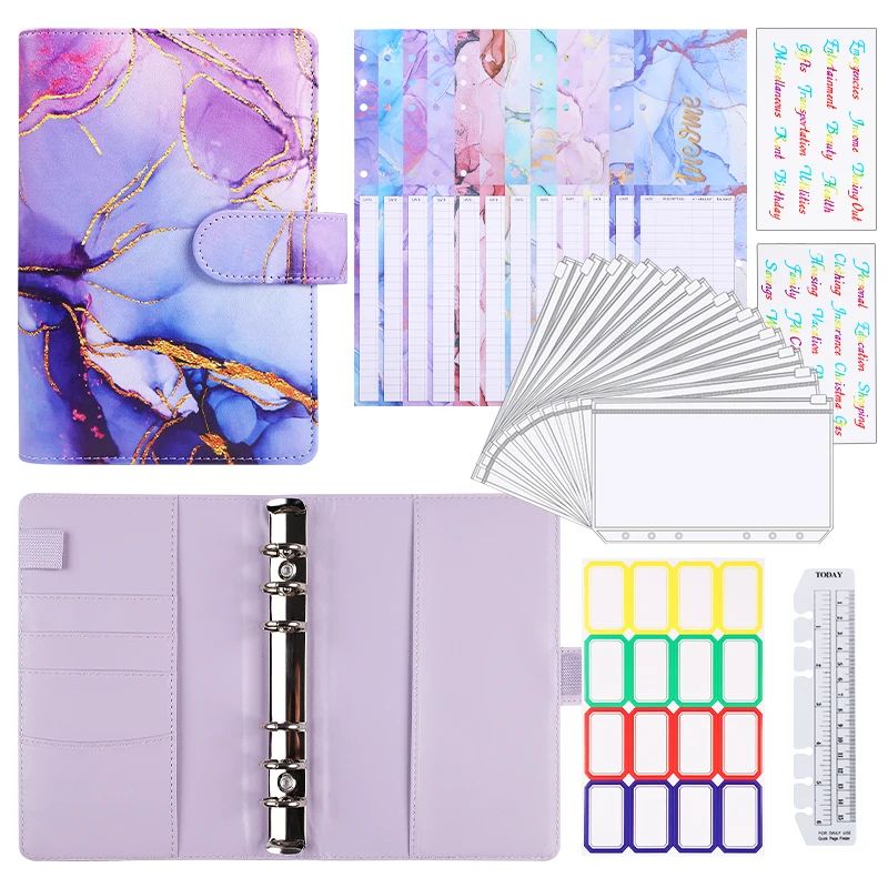 A6 Marble Colorful Money Budget Planner Binder Envelopes Cash Notebook Cover for Budgeting Money Organizer for Budget Binder