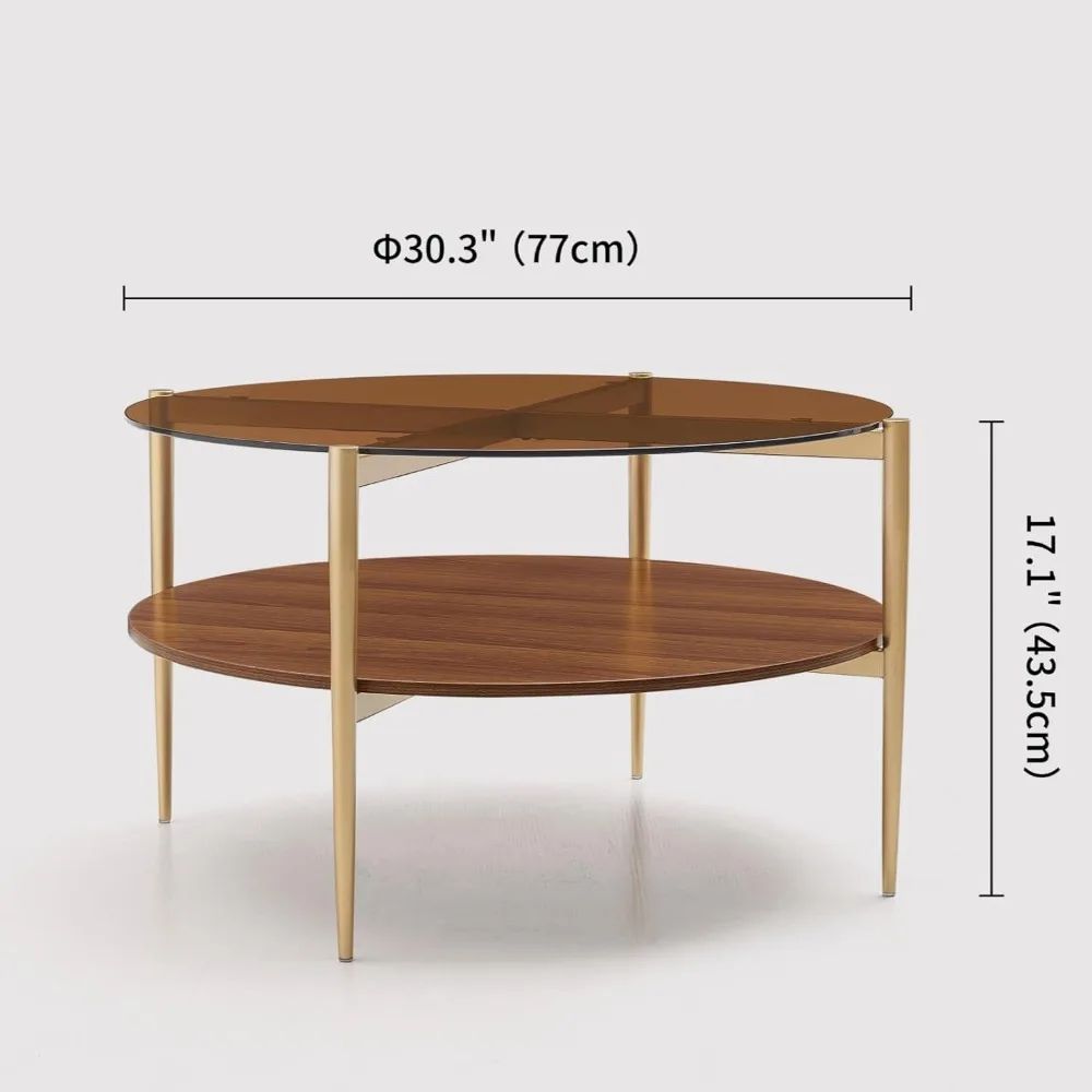 Mid-Century Modern Round Coffee Table, 30 Diameter x 17 Height, Living Room Furniture, Two-Level Design, Amber Glass with Walnut