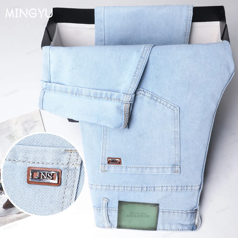 New Men's Jeans Autumn Pants Straight Fashion Light Blue Jean Casual Work Classic Denim Pant Cotton Trousers Male