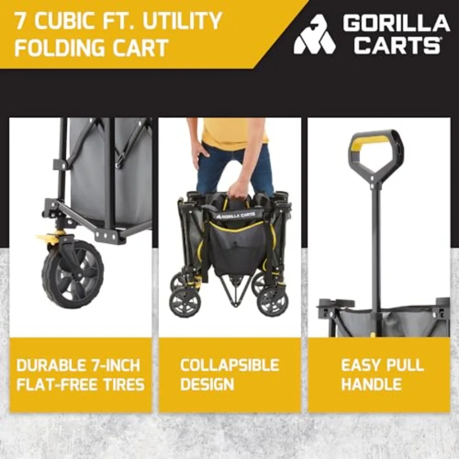 Collapsible Folding Outdoor Utility Wagon, 7 Cu Ft Steel Frame, Black, Heavy-Duty All-Terrain Wheels Reinforced Cargo Bed