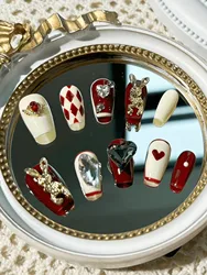 10pcs Handmade Y2K Press On Nails New Year Red Fake Nails With 3D Rabbit Heart Rhinestone Stick On Nails