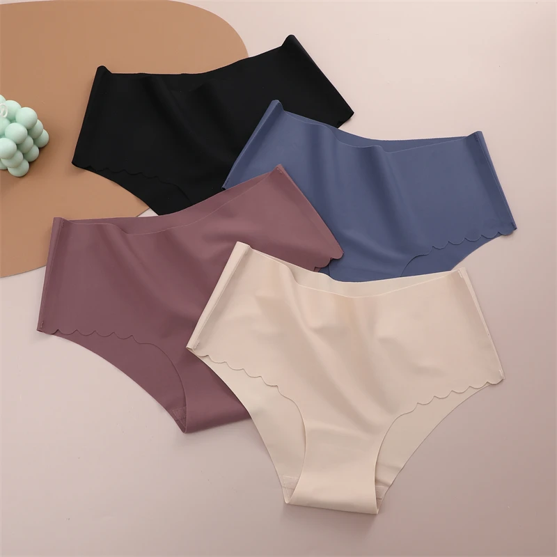 FINETOO 2Pcs Seamless Ruffles Mid-Waist Women\'s Panties Sexy Solid Color Comfortable Briefs Female Invisible Stretchy Intimates