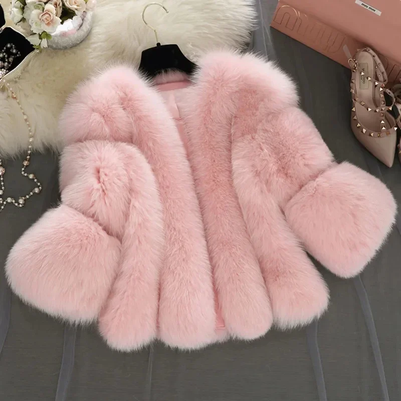 2024 Winter Frauen Dicke Warme Rosa Pelzmantel Mode Faux Fuchs Pelzmantel Weibliche Hülse Mit Drei Vierteln Künstliche Pelz Flauschigen jacke