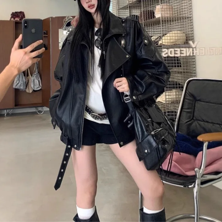 Black Leather Jacket Women's 2025 New Autumn Cool Style Unique Super Good-looking Locomotive Retro Denim Jacket