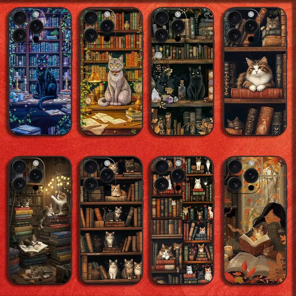 

Phone Case For iPhone 16,15,14,13,12,11,Pro,XS,Max,XR,Plus,E,Mini Black Shockproof Book Bookshelf Cat Cool Cover