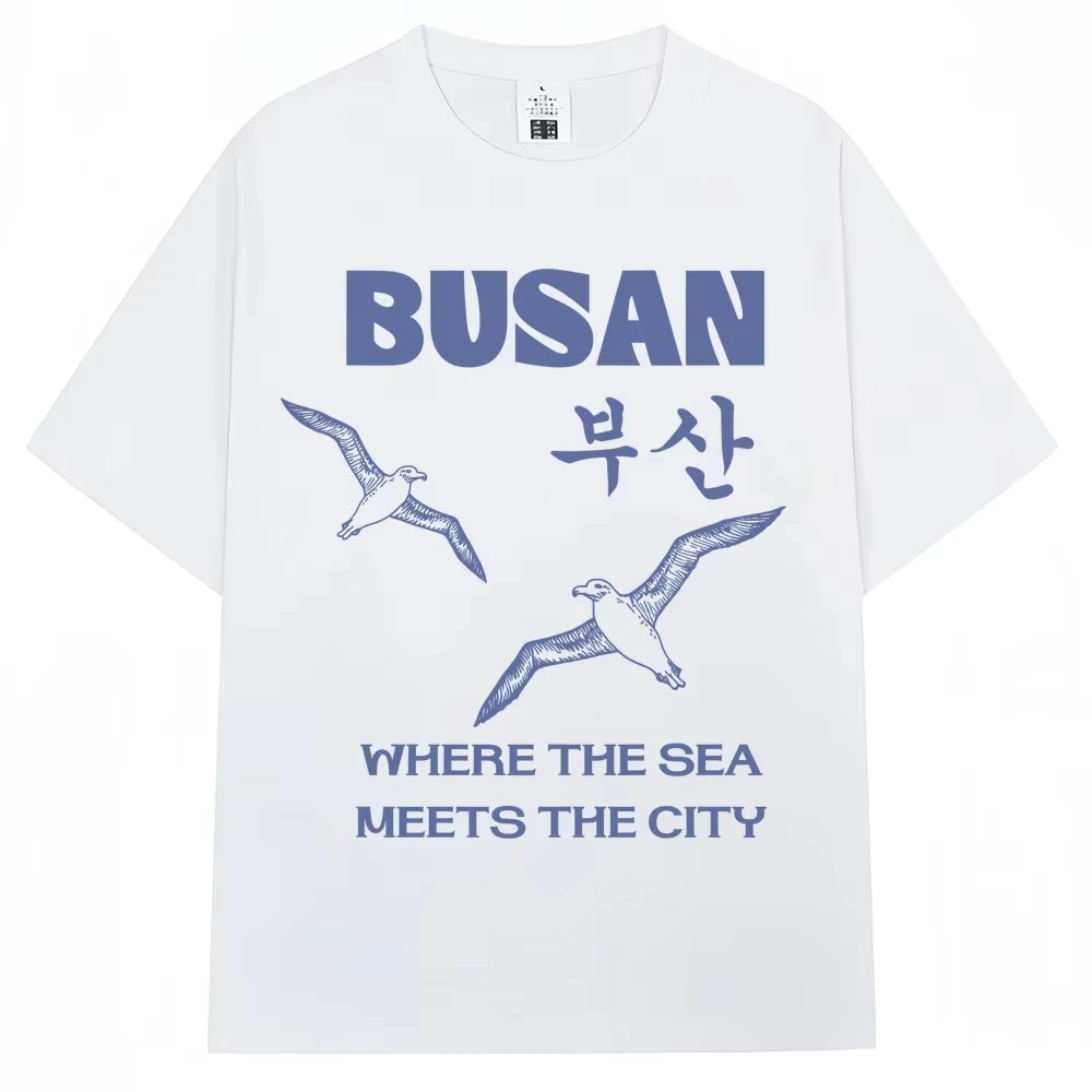 Korean Style Busan Seagull Graphic T Shirts Men Women Harajuku Fashion 90s Vintage T-shirt Cotton Oversized Casual T Shirt Gifts