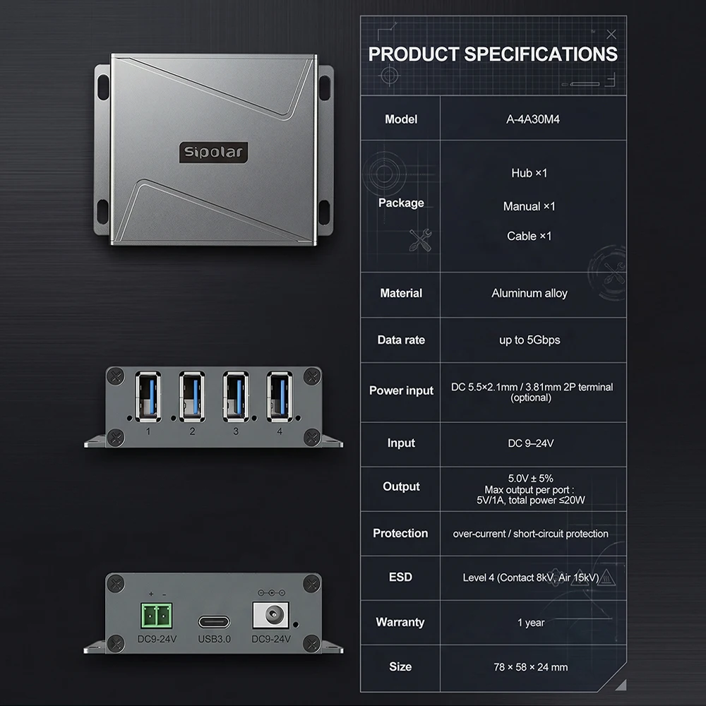 A-4A30M4  5Gbps High Speed Industrial 4 Port USB 3.0 Hub MetalUSB Hub with 2P Terminal Block and DC Dual Power for Server Lab