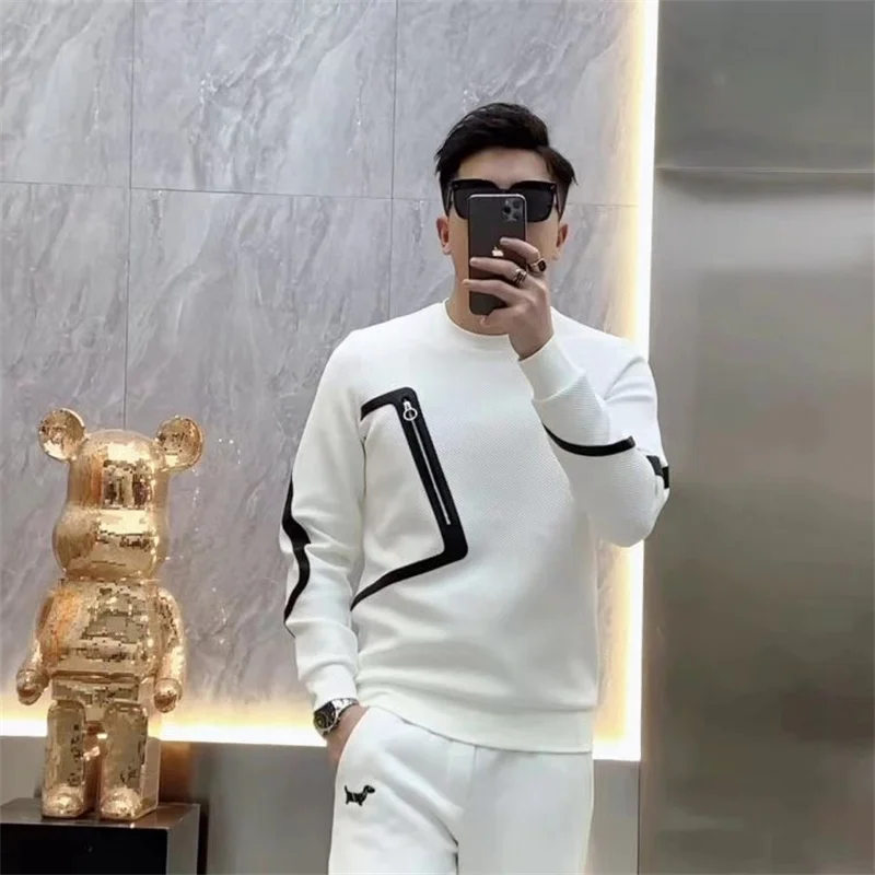 Autumn New Men's O-Neck Sweatshirts Zipper design Contrast Color Fashion Casual Long Sleeve T-shirt  Tops Male Clothes