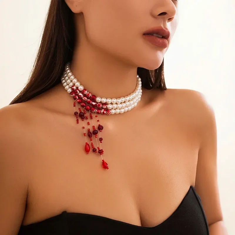 1Pcs Vintage Multi-layer Red Blood Patterned Imitation Pearl Necklace for Women Gothic Crystal Bead Chain Halloween Party Decor