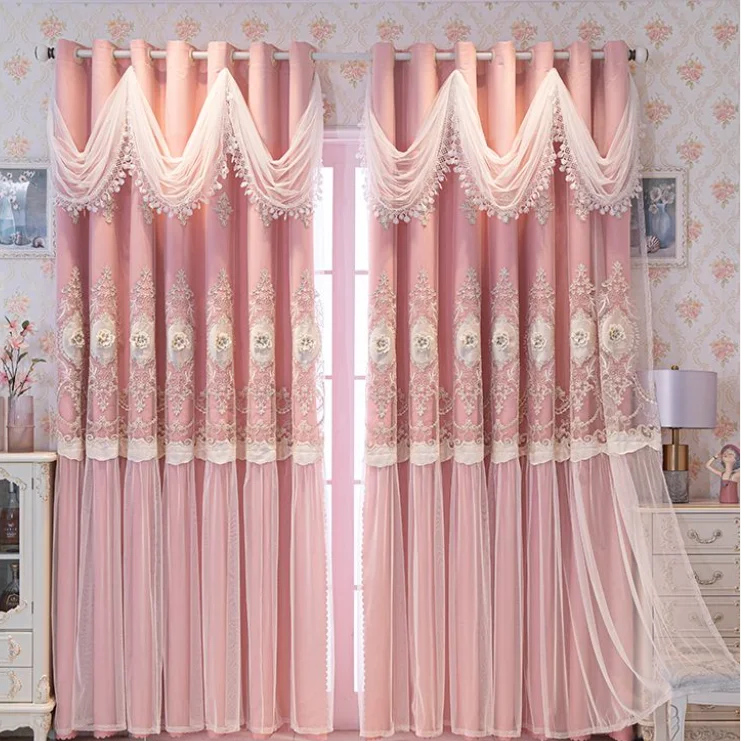 European Light Luxury Double Layer Curtains with Valance - Elegant Embroidery & Sheer Lace for Living Room
