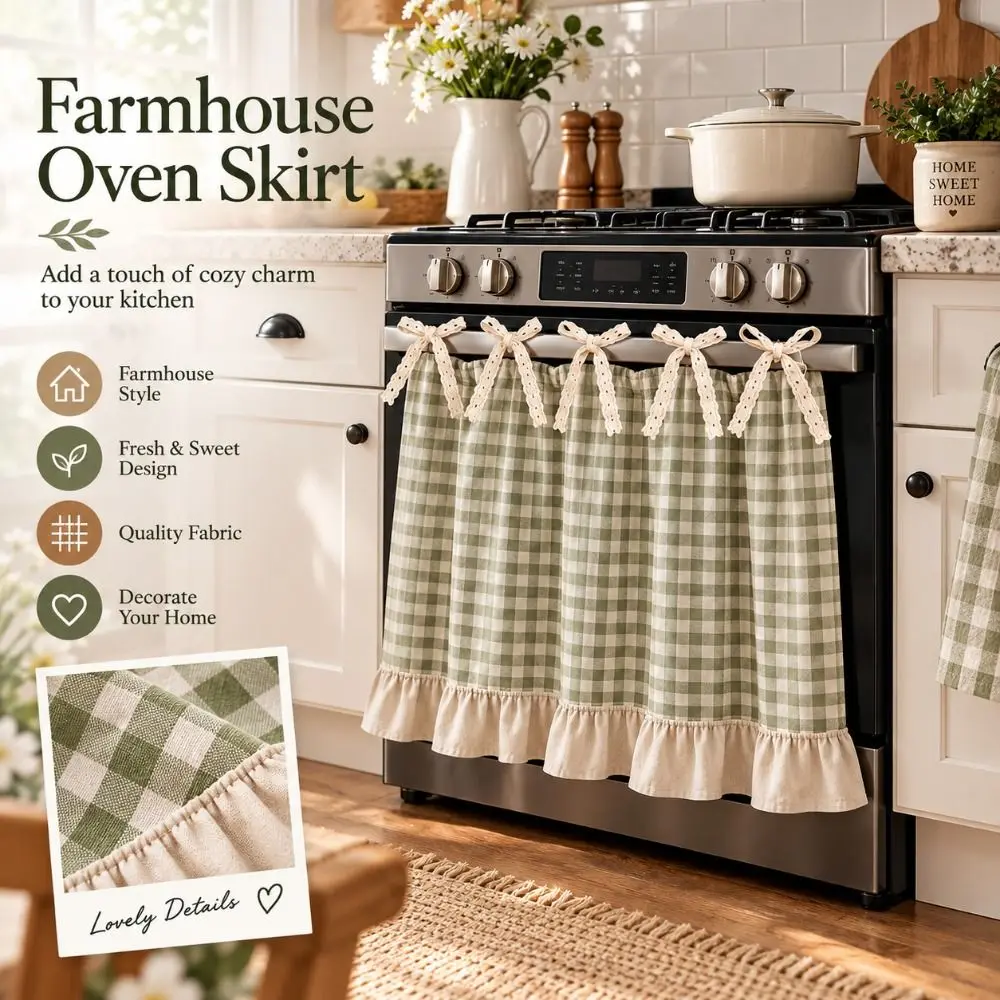 Ruffle Trim Bow Tie Oven Cover Curtain Cotton Linen Blend No Drilling Rustic Oven Decor Curtain Dust-proof Tie Ribbon
