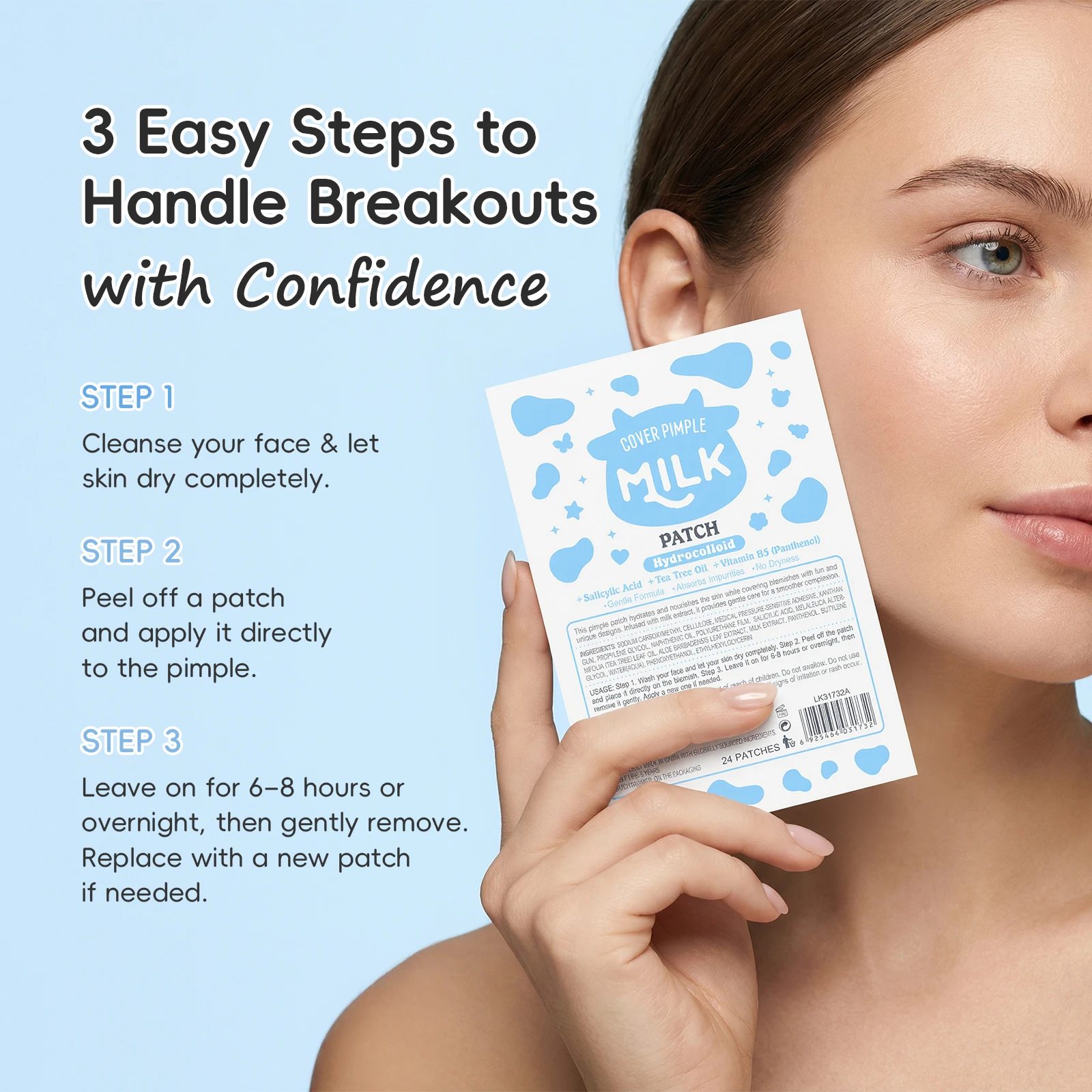 LAIKOU Milk Cover Pimple Patch 24 Patches Gentle Formula Absorbs Impurities No Dryness Hydrocolloid Acne Patches