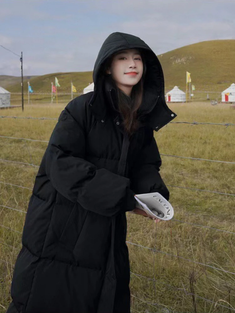 

New Long Thickened Down Cotton Bread Style Coat Women's Winter 2025 Outerwear Korean Loose Long Knee Length Solid Hooded Jacket