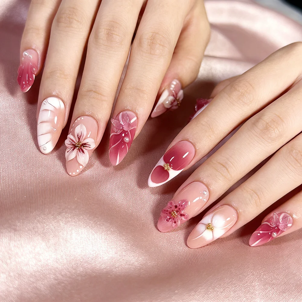 10/30pcs Pink Jelly Leopard Lily Flower Fake Nails 3D Glossy Full Cover Pearl French Five Petal Flower Charms Almond False Nails
