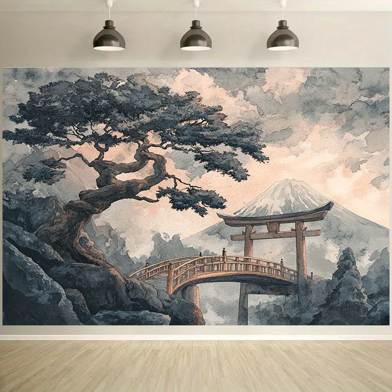 Japanese Zen Style Mount Fuji Landscape Tapestry Watercolor Wall Decor Asian Culture Torii Gate Artwork for Home