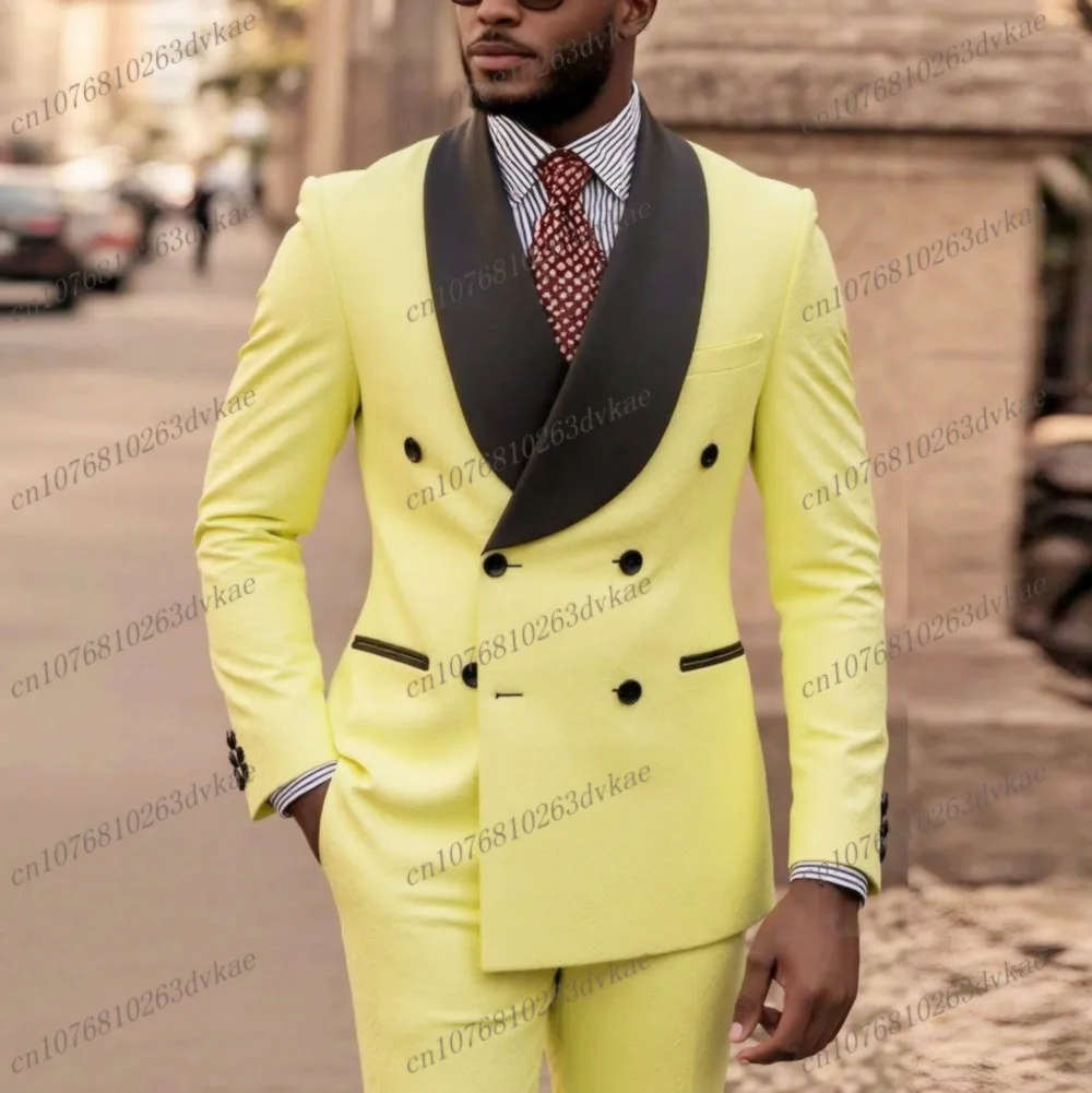 

Black Collar Yellow Men Suit Groom Groomsman Wedding Party Prom Formal Occasion Business Male Tuxedos 2 Piece Set Blazer Pants