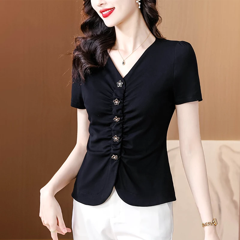 

New 2025 Summer Short Sleeved V-Neck Women's T-Shirt Fashion Casual Solid Color Beaded Black Mesh Tees 3XL Office Lady Tops