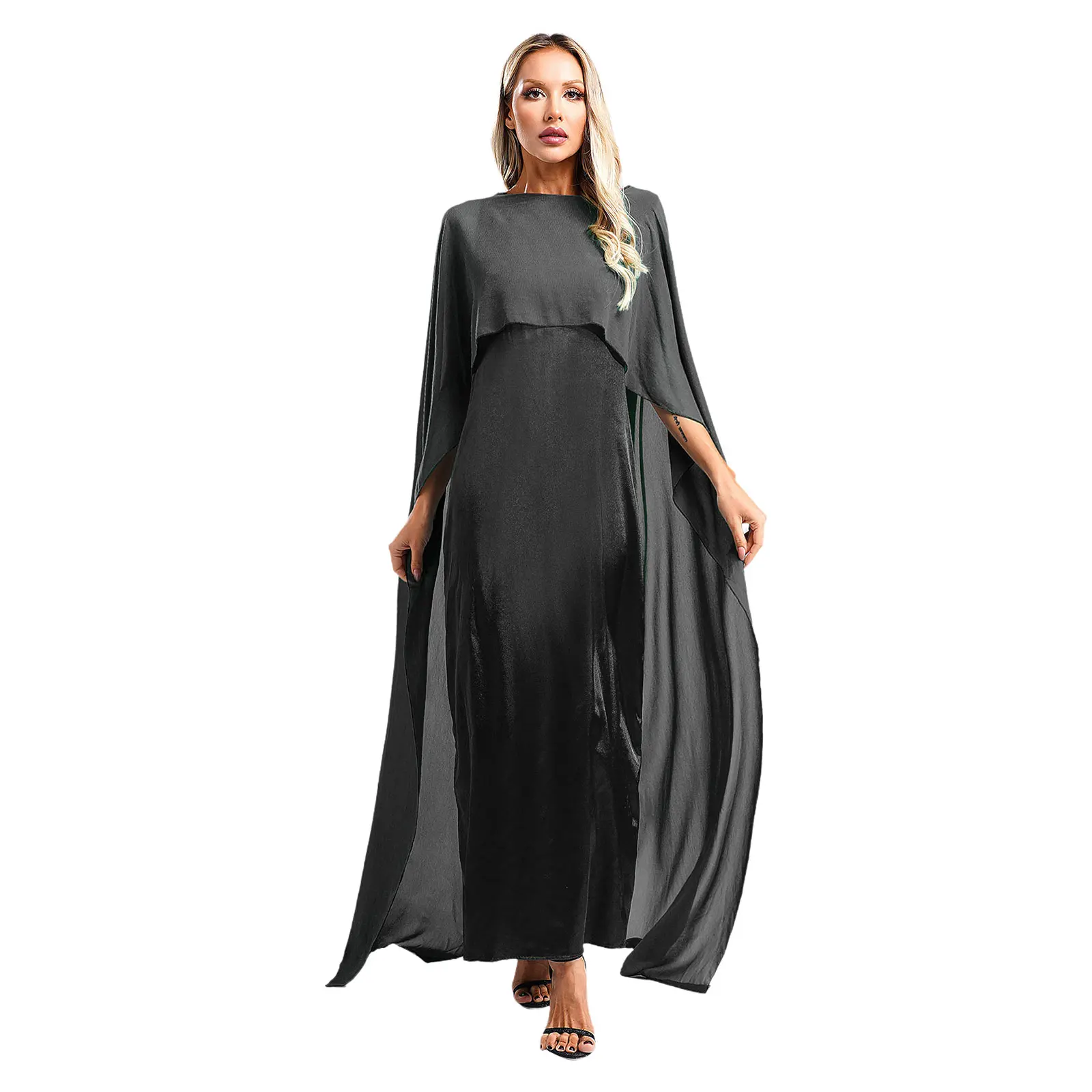 Womens Evening Dress Muslim Long Robe Satin Dresses with Chiffon Cape Elegant Party Dress for Grand Events Special Occasions