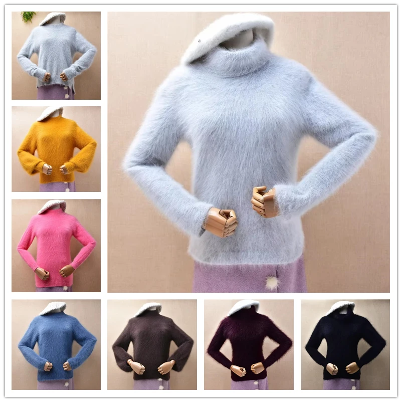 

Ladies Women Autumn Winter Clothing Grey Hairy Mink Cashmere Knitted Long Sleeves Turtleneck Slim Blouses Angora Sweater Jumper