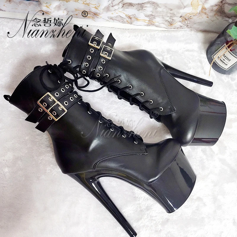 

8 Inch High Heeled Pole Dance Shoes Winter Style 17CM Ankle Boots Punk Gothic Nightclub Lace-Up Thick Platform Stripper Shoes