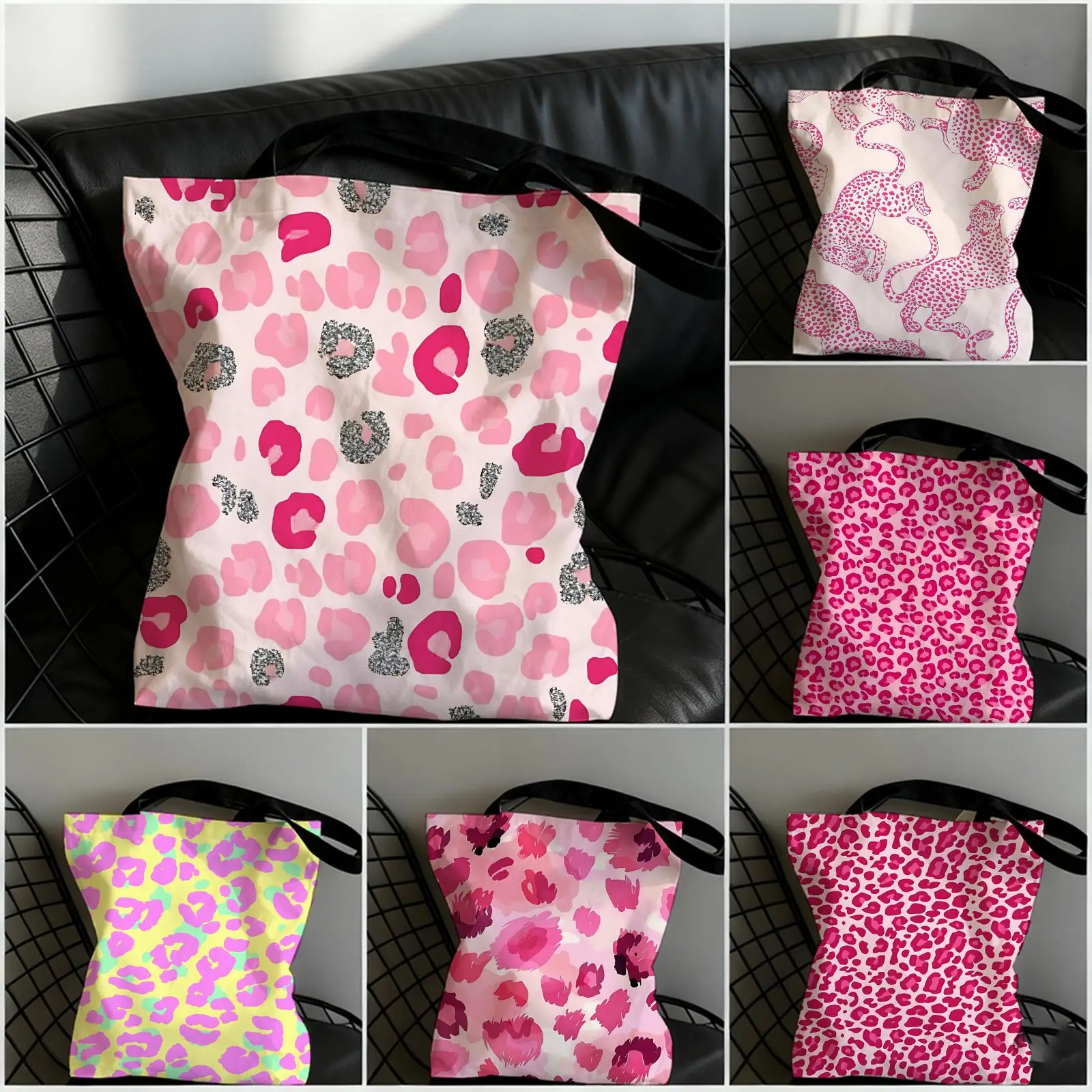 Pink Leopard Canvas Tote Bag Reusable Large Capacity Shoulder Shopping Bag Cute Heart Animal Print Book Bag&gift
