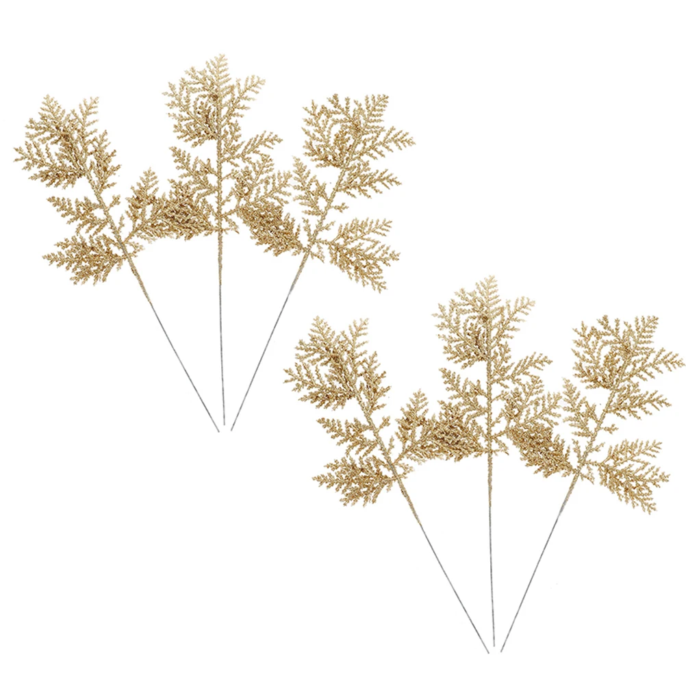 

6pcs Artificial Pine Branches Glitter Christmas Leaves Picks Diy Xmas Tree Decor Wedding Party Vase Filler Home Indoor Decor