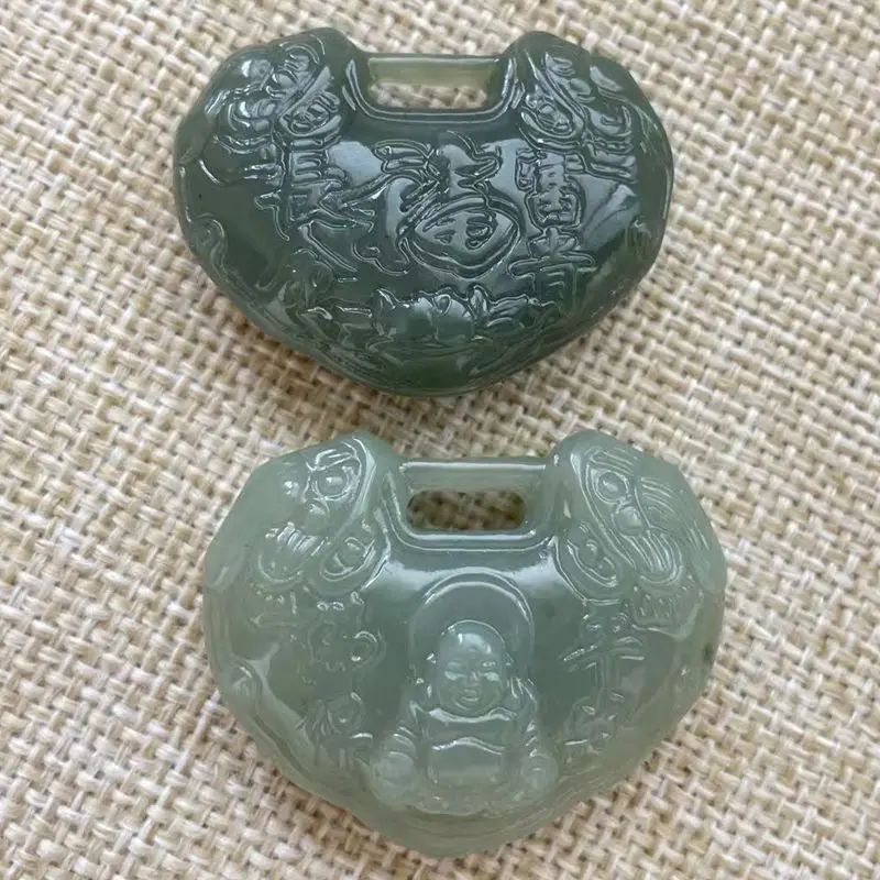 Natural Hetian Jade Green Translucent Buddha Amulet Pendant Necklace Women