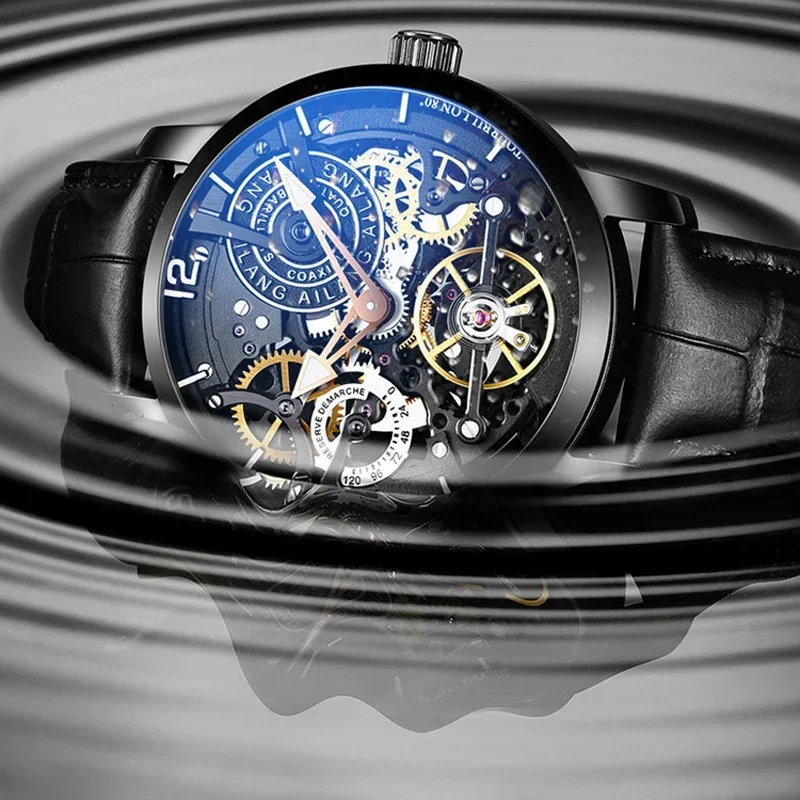 Dropshipping Fashion Luxury Tourbillon Hollow Waterproof Watch Men Steel Luminous Steampunk Skeleton Mechanical Watches For Mens