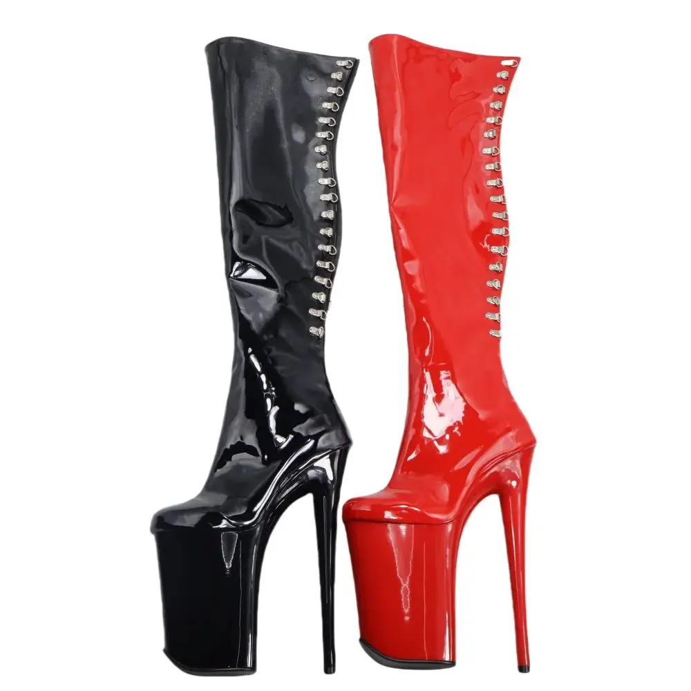 ​23CM Platform Thigh High Boots Queen, Red Black Patent Leather Extreme Height Boots, Metal Detail Performance Shoes​