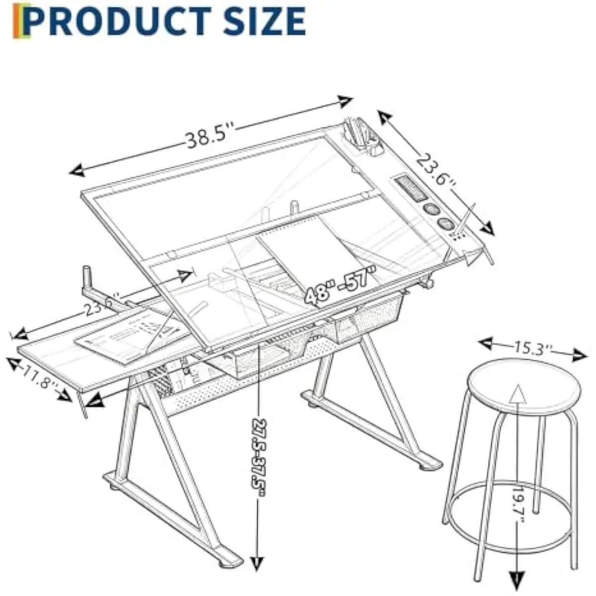Adjustable-angle glass-top drafting workstation with steel frame, tilt range 0-75°, height 31.5-49.5 inches, integrated pencil l