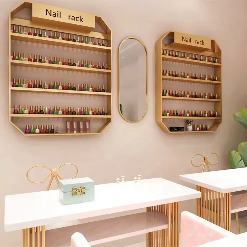 Nail Polish Display Stand Wall Mounted Storage Rack for Nail Salon Professionals Shiny Gold Stainless Steel Large Capacity