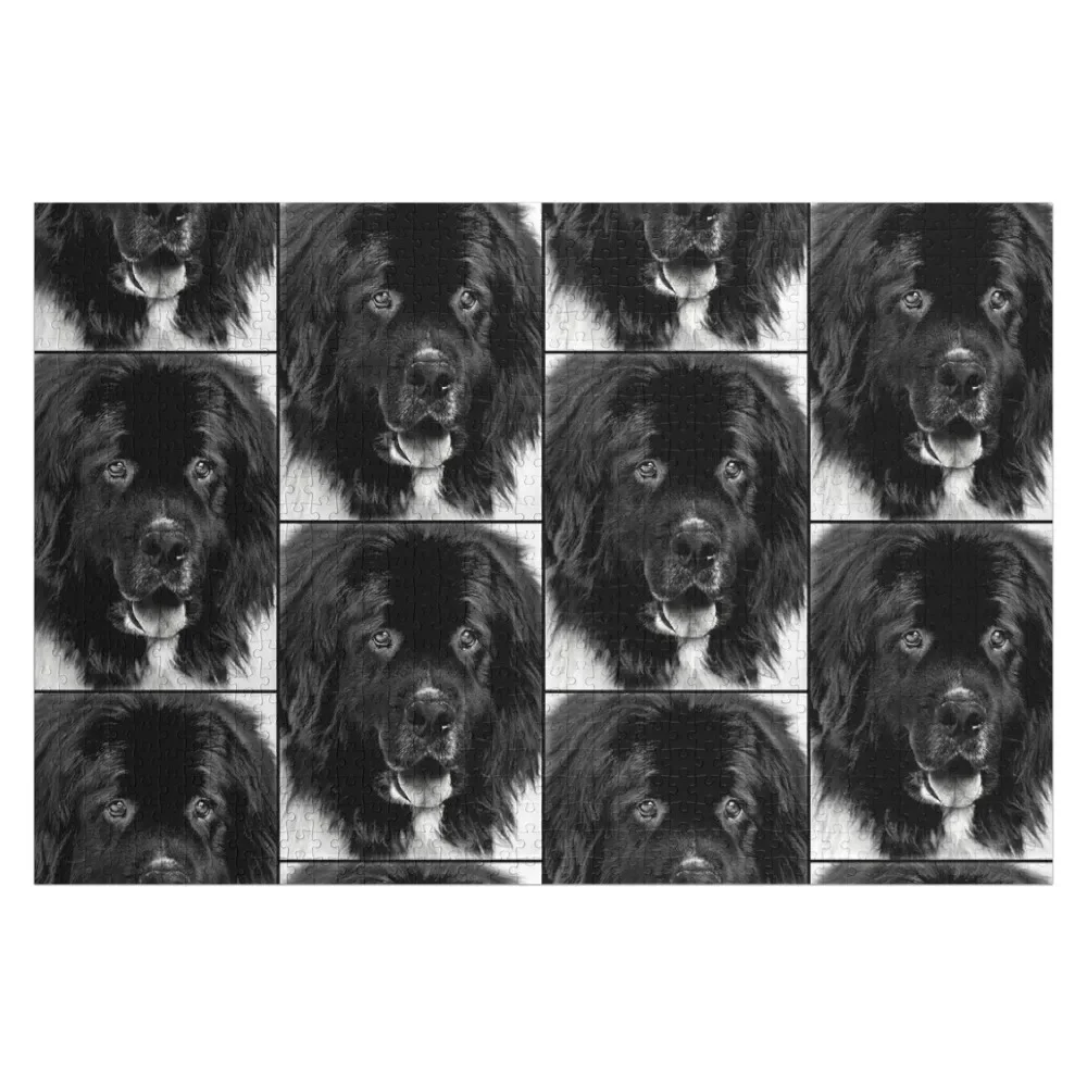 Newfoundland Dog Portrait in Black and White Jigsaw Puzzle Wood Adults Custom Name Wood Puzzle