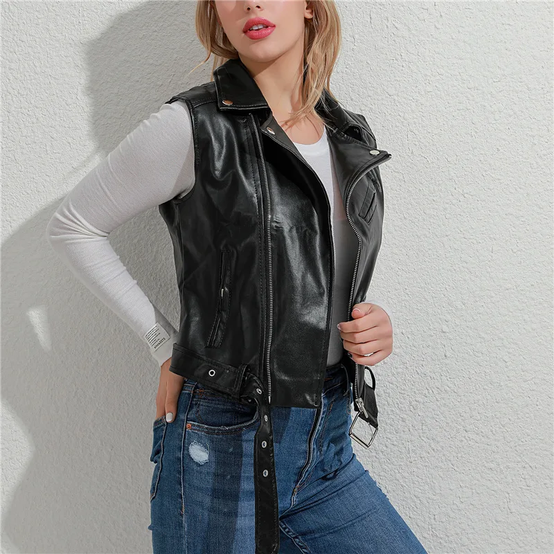 New In Outerwears Spring Autumn Leather Vest for Women Fashion Vintage Sleeveless PU Streetwear Causal Jacket Top Belt Vest Coat