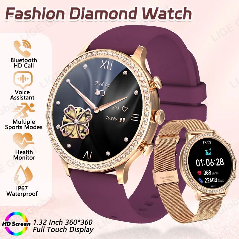 LIGE New Fashion Women Diamond Smartwatch Heart Rate Blood Pressure Monitor Music Playback AI Voice Sport BT Calling Smart Watch