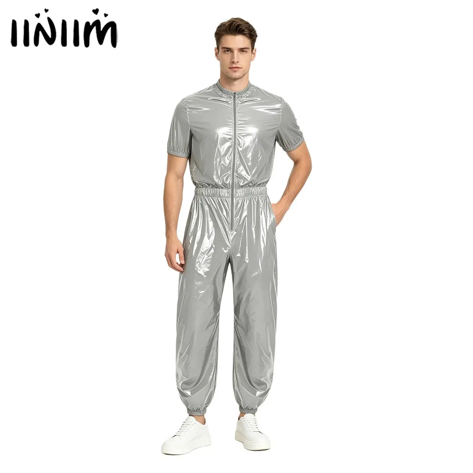 Mens Waterproof One Piece Unitard Jumpsuit Front Zipper Elastic Waist Side Pockets Jogging Pants Romper Raincoat Sauna Tracksuit