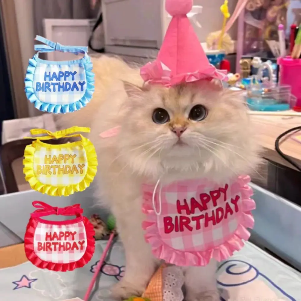 

Cotton Polyester Cat Birthday Scarf Hat Set Soft Cat Bibs Burp Cloth Pet Birthday Party Hat Bib with Digital Stickers