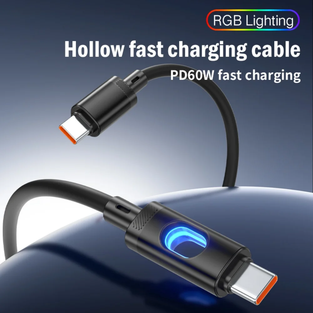 Portable 60W RGB LED USB Fast Charging Data Cable Type C Wire Quick Charge Data Cord For iPhone 15 16 17 Pro Max Samsung Xiaomi
