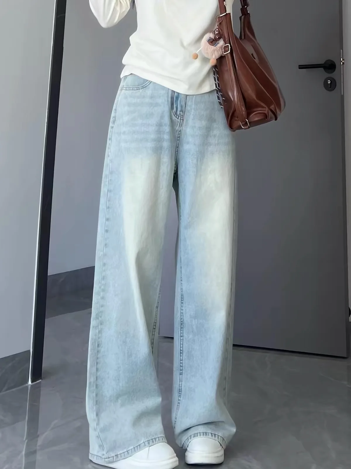 Loose Fit Light Blue Wide Leg Denim Jeans Women's Autumn New Style Pear Shape Lazy Draping Student Floor Length Pants