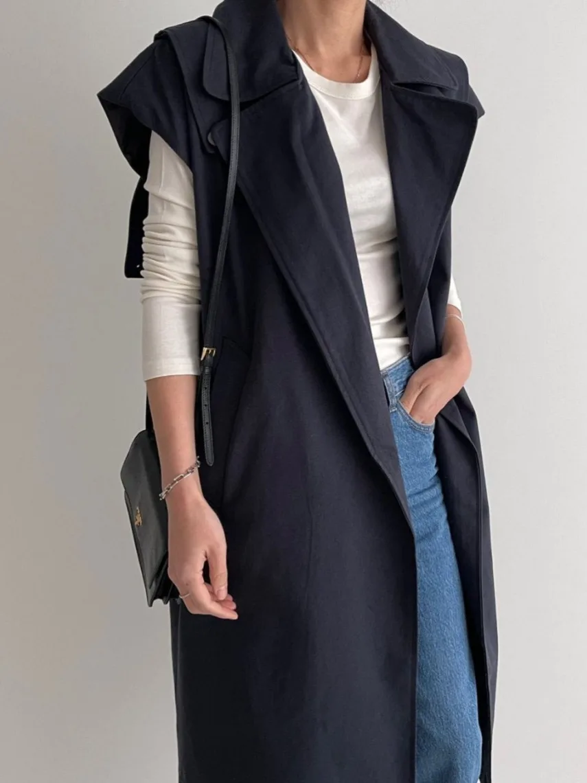 

Chic Autumn Winter Women's Svel Double-breasted Collar Vest Coat Long Sle Faionable Versatile Commute Pure Color