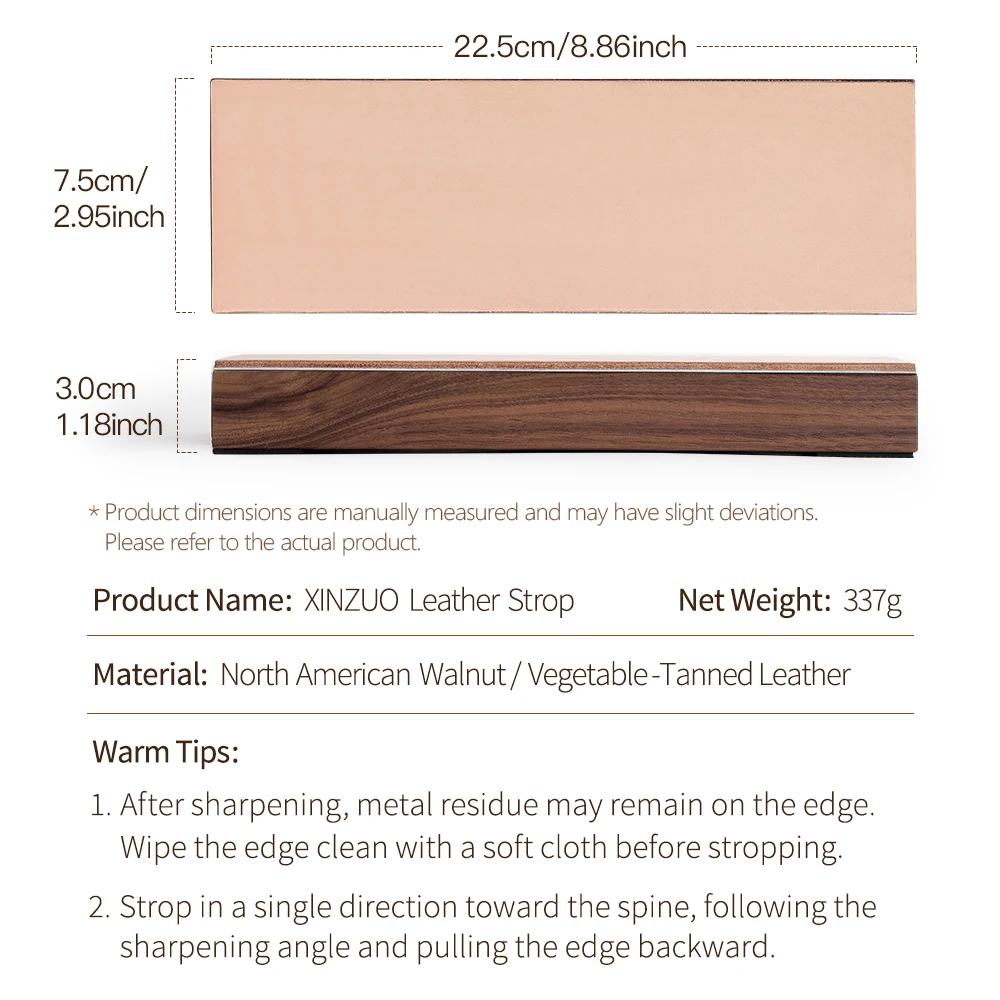 XINZUO Leather Strop Board Walnut Wood 225×75×30mm Knife Sharpening Stropping Block for Chef Kitchen Knife Polishing Deburring