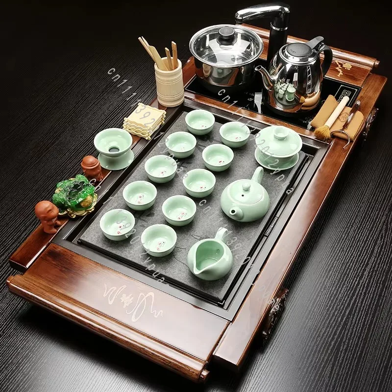 Wood Serving Tray with Brewing Vessel, Tea and Cup Collection, Traditional Beverage Utensils for Home Kitchen Use
