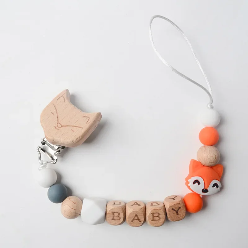 Baby Pacifier Clips Wood Cartoon Fox Teethers Dummy Nipples Holder Clip Chain Newborn Soother Teething Toy Accessories Chew Gift