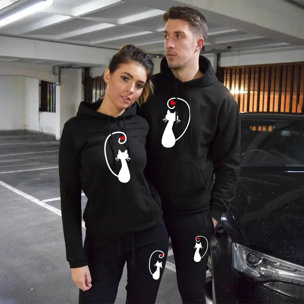 2024 Couples Hoodie Set Cat Printed Lover Winter Hoodies and Sweatpants 2PCS Clothing Casual Sports Men Women Tracksuit S-4XL