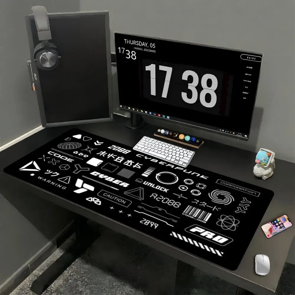 Large XXL Deskmat Cyberpunk Futuristic Tech Graphic Mouse Pad Non‑Slip Rubber Overlocked Mousepads Keyboard Table Mat Desk Mats